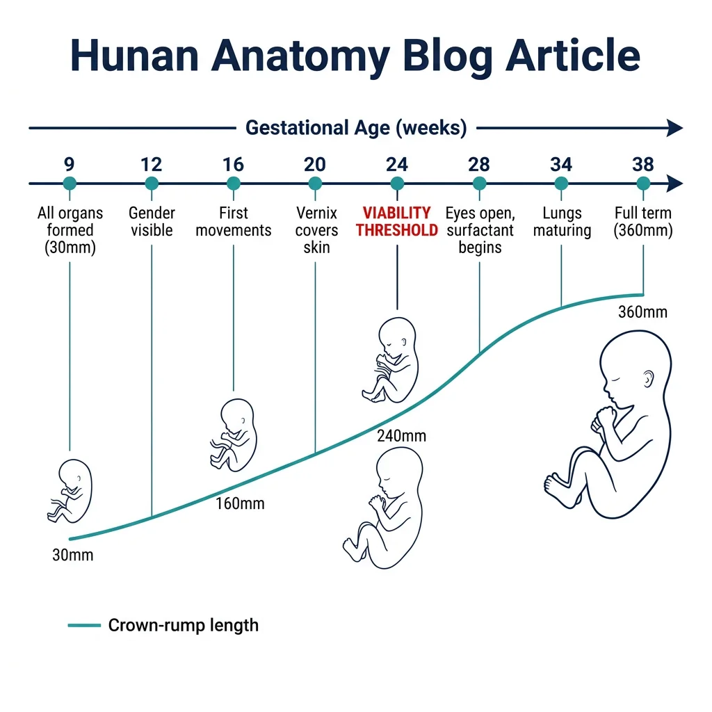 Timeline of fetal growth milestones from week 9 to week 38 showing crown-rump length progression and key developmental events