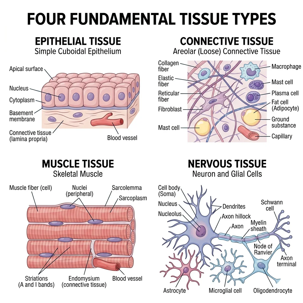 Illustration of the four fundamental tissue types: epithelial, connective, muscle, and nervous tissue with labeled structural features