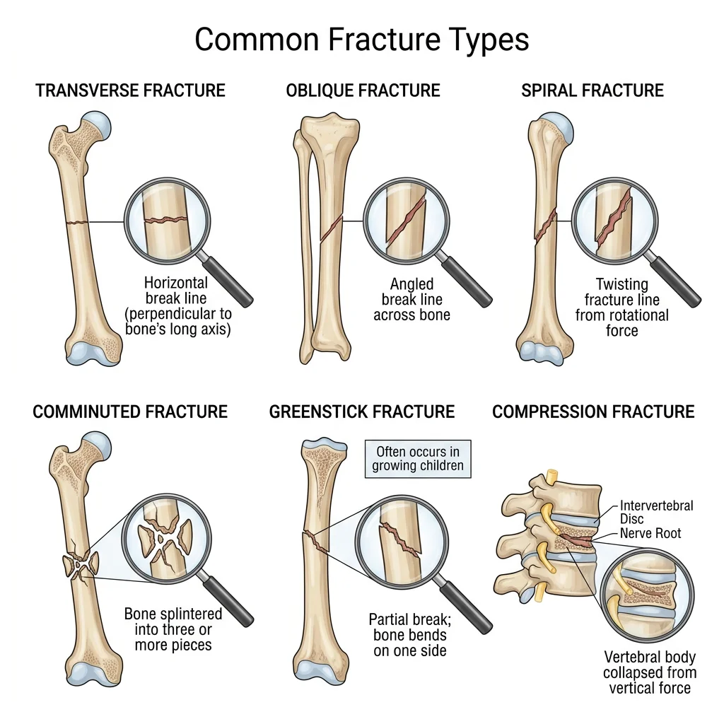 Diagram showing common fracture types including transverse, oblique, spiral, comminuted, greenstick, and compression fractures