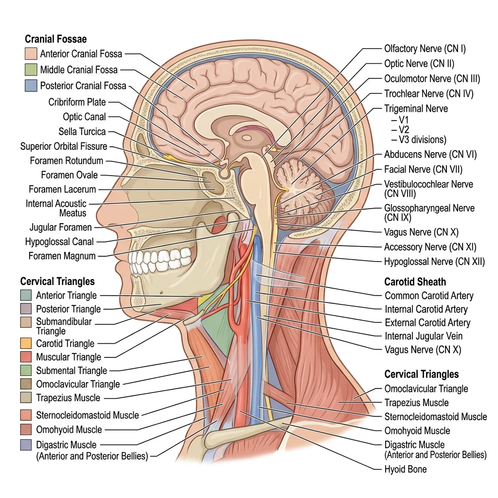 Lateral view of the head and neck showing cranial fossae, carotid sheath contents, cervical triangles, and cranial nerve exit points