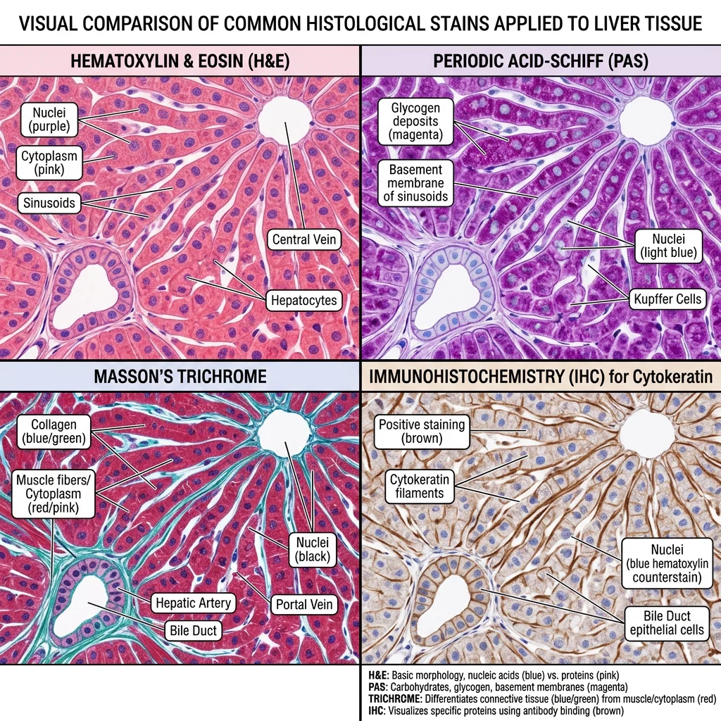 Visual comparison of common histological stains including H&E, PAS, Masson trichrome, and immunohistochemistry applied to the same liver tissue section