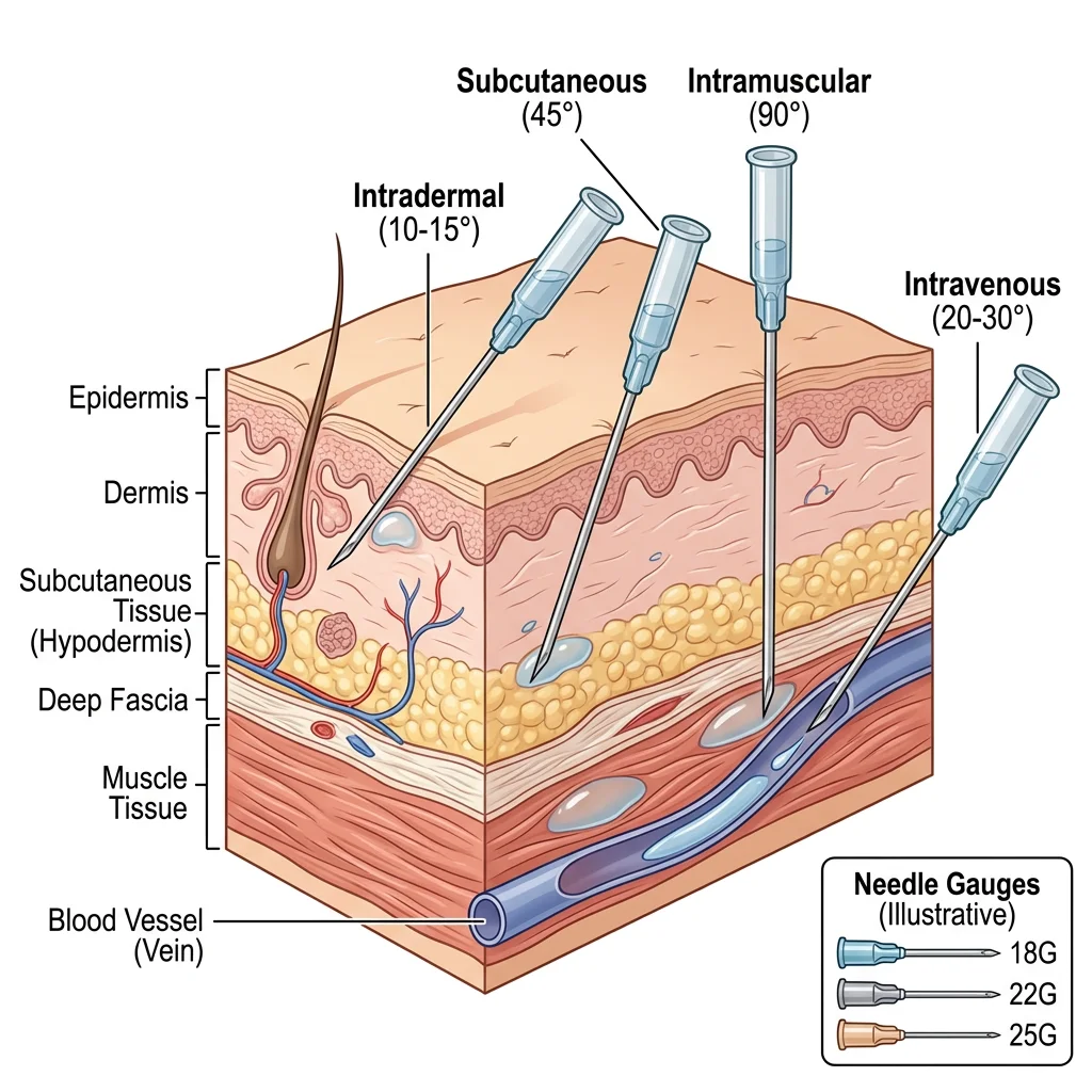 Cross-sectional diagram showing injection routes at different tissue depths: intradermal, subcutaneous, intramuscular, and intravenous with needle angles