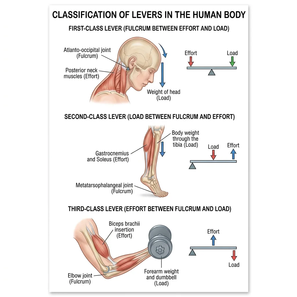 Diagram of three classes of lever systems in the human body — first-class (head nodding), second-class (calf raise), and third-class (biceps curl) — showing fulcrum, effort, and load positions