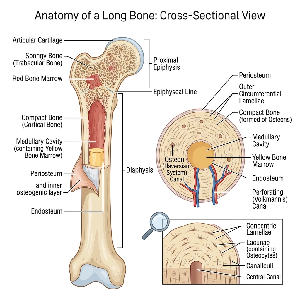 Cross-sectional diagram of a long bone showing compact bone, spongy bone, medullary cavity, periosteum, and endosteum