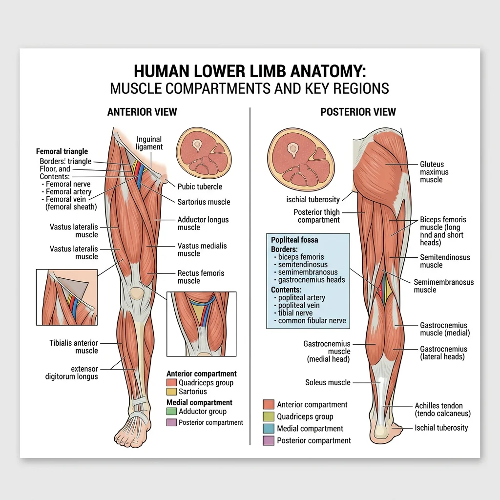 Anterior and posterior views of the lower limb showing thigh compartments, femoral triangle, and popliteal fossa