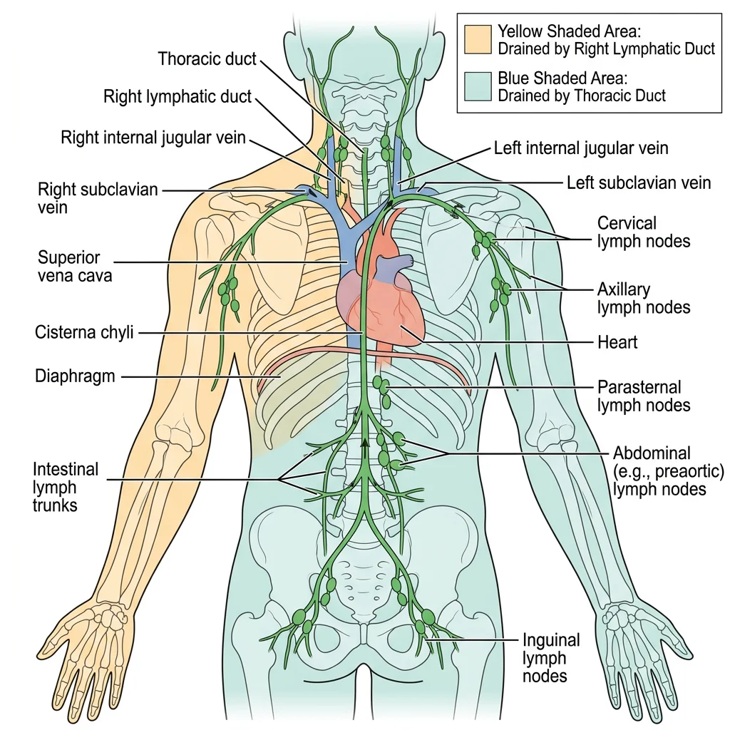Overview of the lymphatic drainage system showing thoracic duct, right lymphatic duct, major lymph node groups, and drainage territories