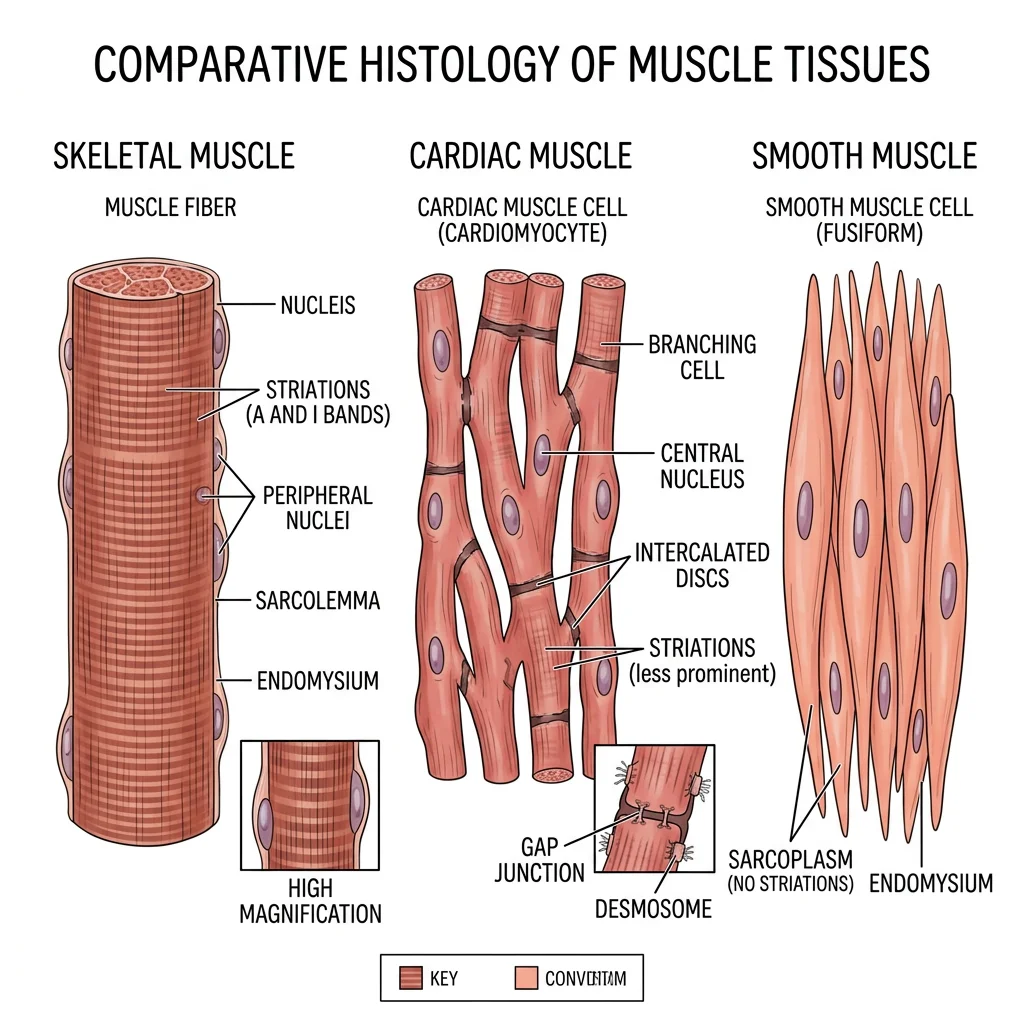 Side-by-side histological comparison of skeletal muscle showing striations and peripheral nuclei, cardiac muscle with intercalated discs, and smooth muscle with fusiform cells