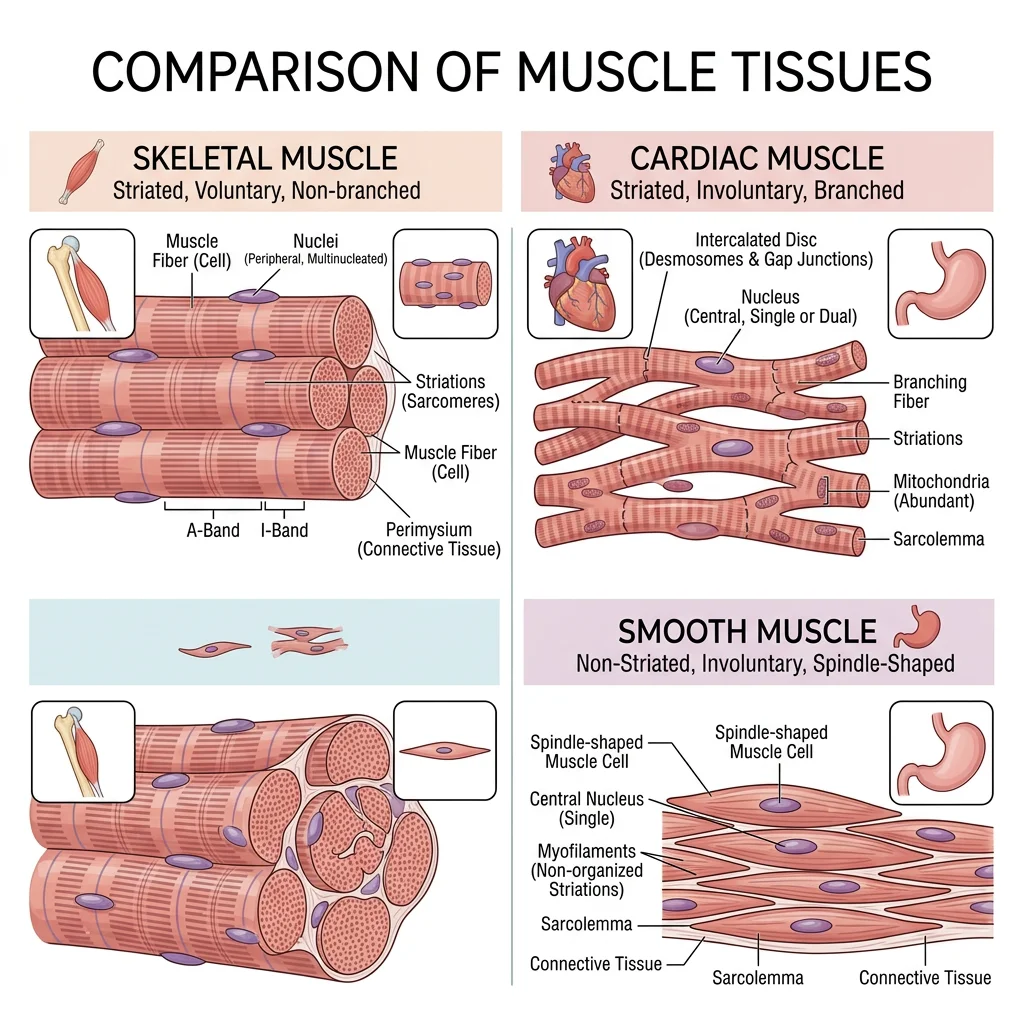 Comparison diagram of three muscle types — skeletal, smooth, and cardiac — showing striated vs non-striated fibre structure, cell shape, and nuclei arrangement