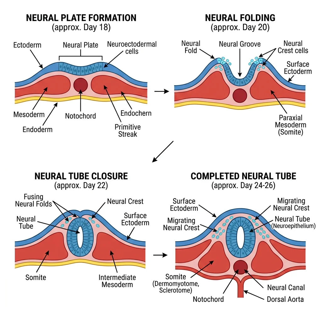 Illustration of neural tube formation showing neural plate folding into neural folds and closing to form the neural tube