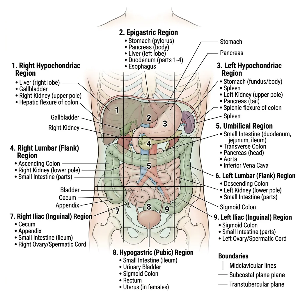 Diagram of the nine abdominal regions with their boundaries and the major organs located in each region