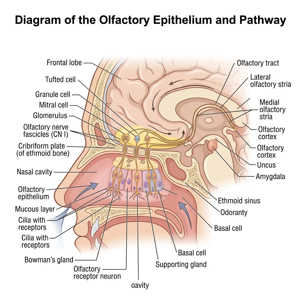 Diagram of the olfactory epithelium in the nasal cavity showing receptor neurons, cribriform plate, and the olfactory pathway to the brain