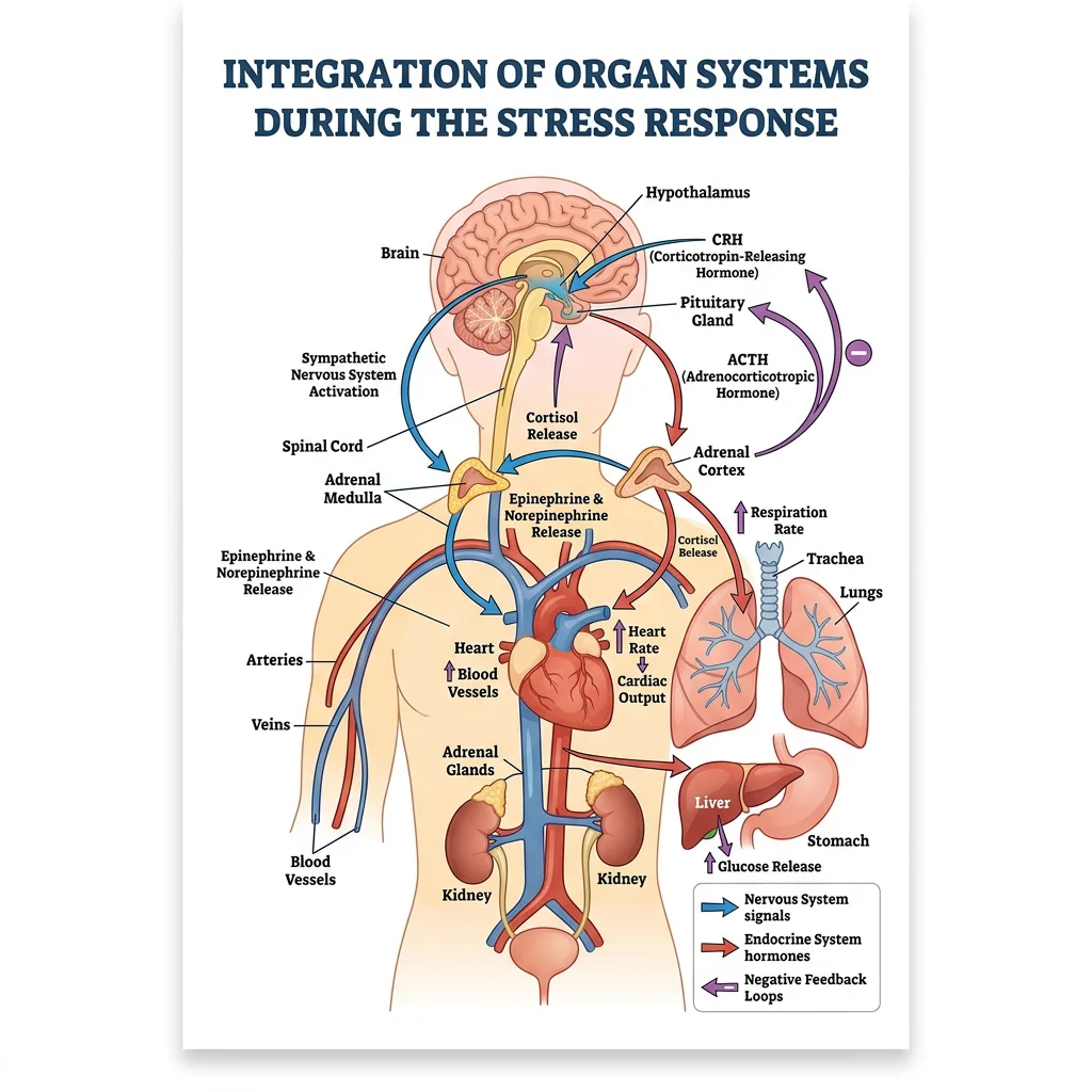 Schematic of organ system integration showing cardiovascular, respiratory, nervous, and endocrine feedback loops during the stress response