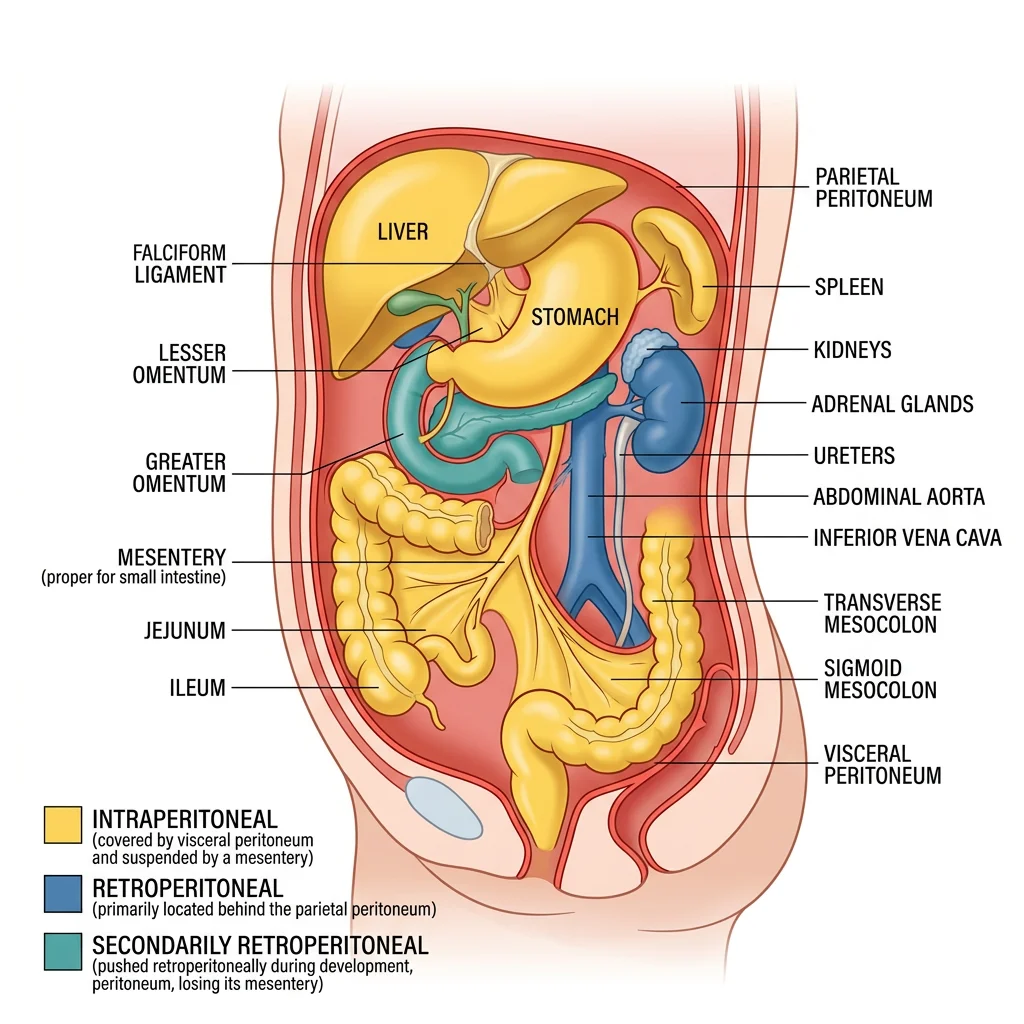 Sagittal section of the abdomen showing peritoneal layers, mesenteries, omenta, and the classification of organs as intraperitoneal, retroperitoneal, or secondarily retroperitoneal