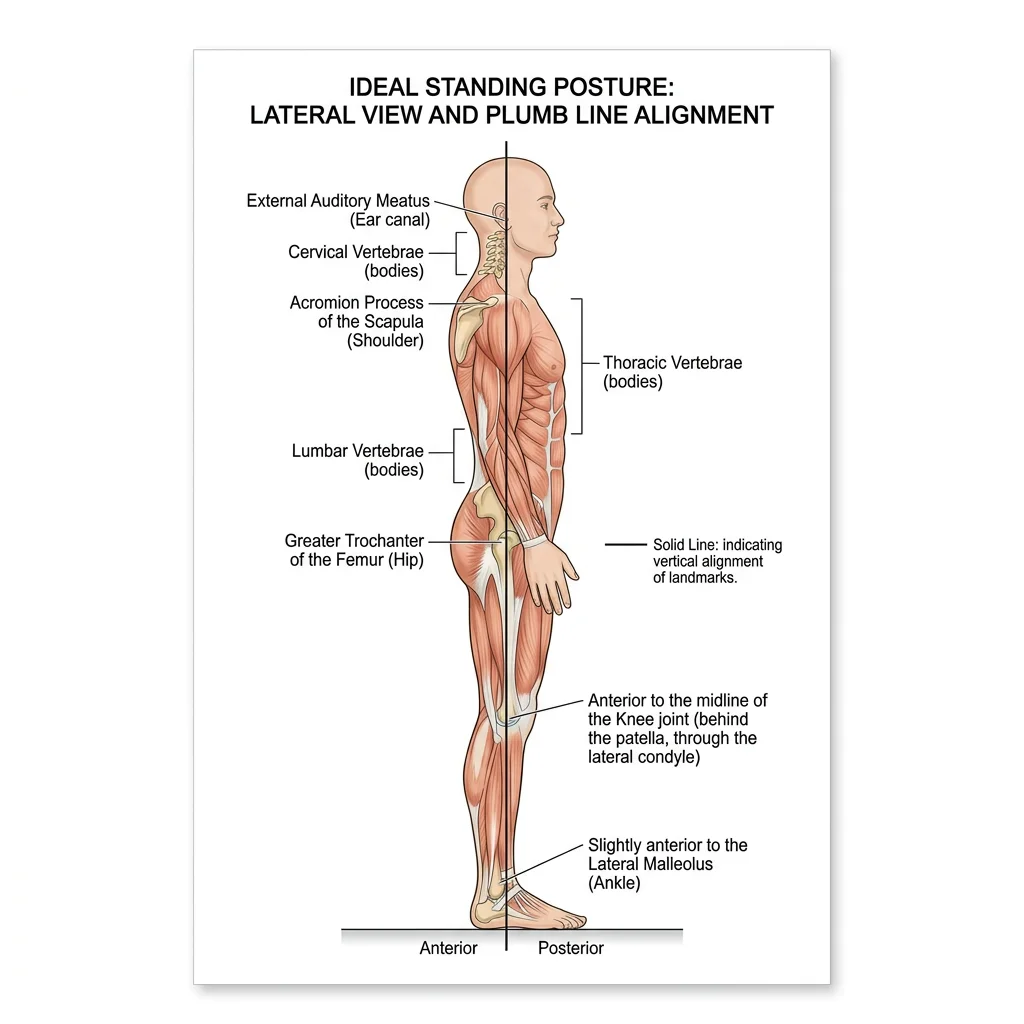 Lateral view of ideal standing posture with plumb line passing through anatomical landmarks from ear to lateral malleolus
