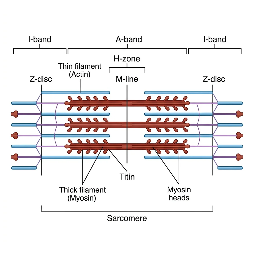 Detailed diagram of sarcomere structure from Z-disc to Z-disc showing I-band, A-band, H-zone, M-line, thin filaments (actin), thick filaments (myosin), and titin