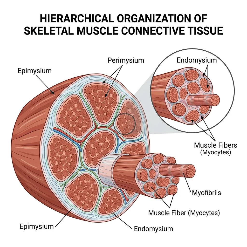 Cross-sectional diagram of skeletal muscle showing the connective tissue hierarchy — endomysium around individual fibres, perimysium around fascicles, and epimysium encasing the whole muscle