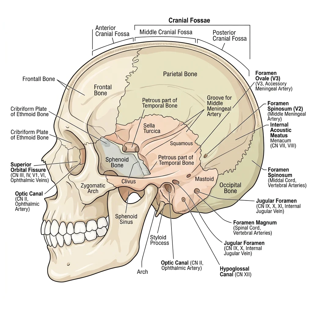 Lateral view of the skull showing cranial fossae, major foramina, and the passages for cranial nerves and vessels