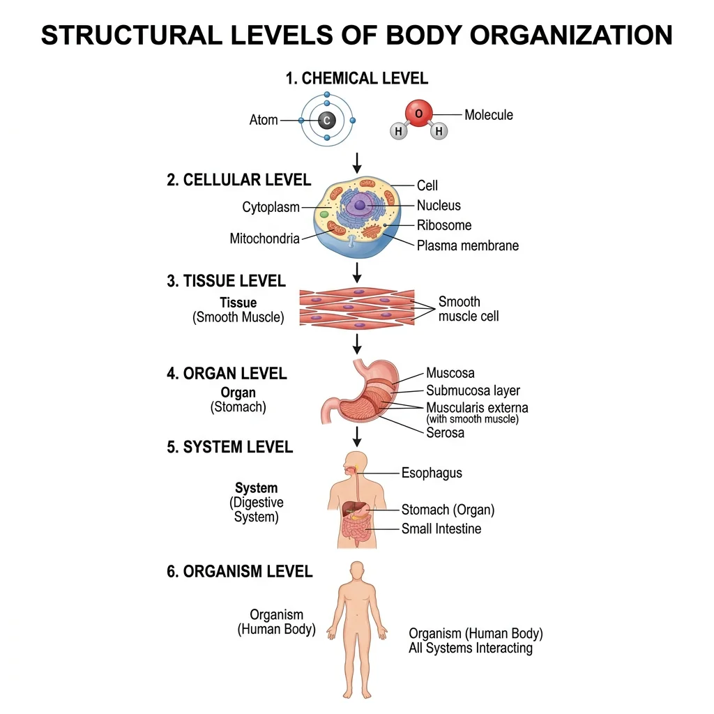 Hierarchical diagram showing the six structural levels of body organization from chemical to organism