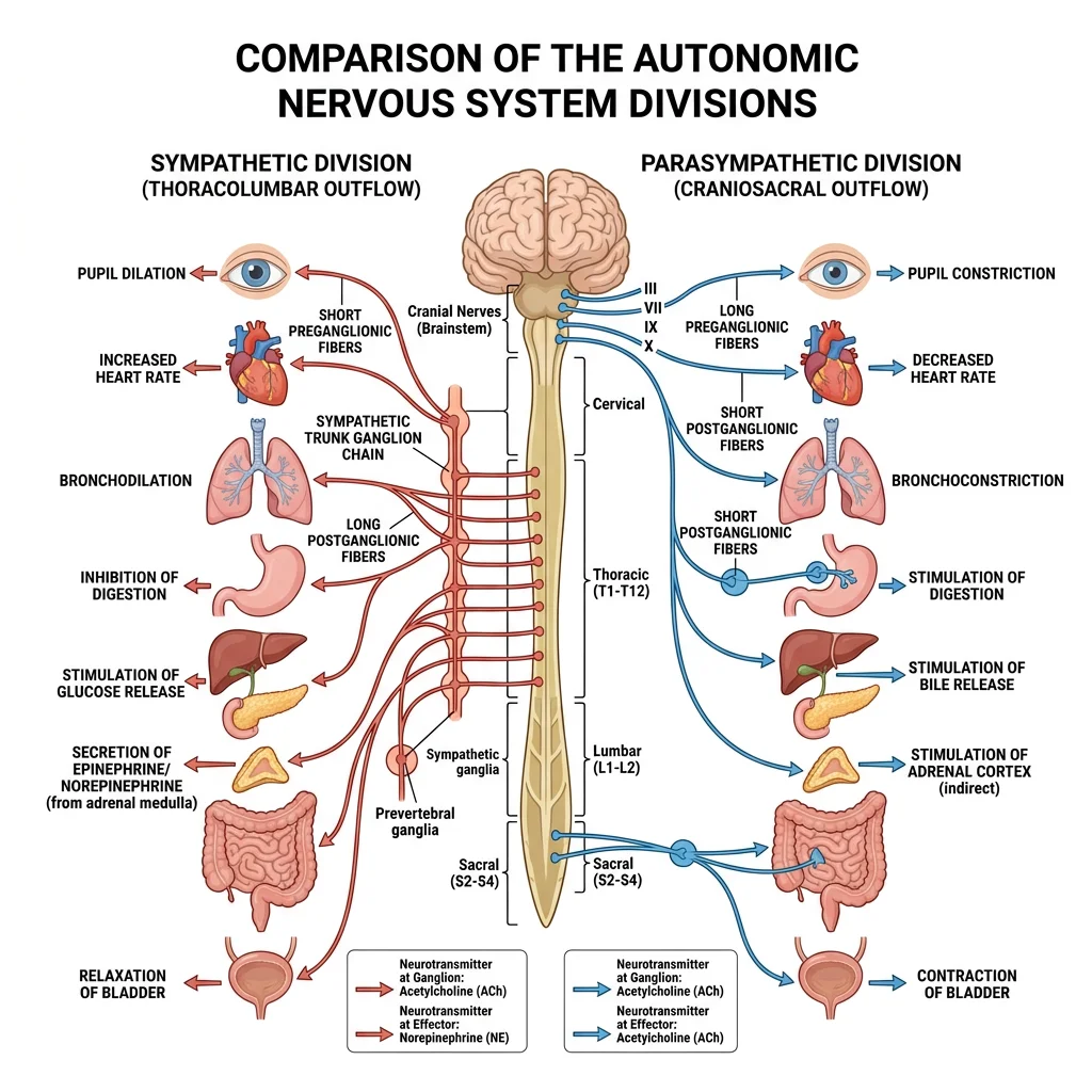 Side-by-side comparison diagram of the sympathetic and parasympathetic divisions showing thoracolumbar vs craniosacral outflow, short vs long preganglionic fibres, and opposing effects on target organs
