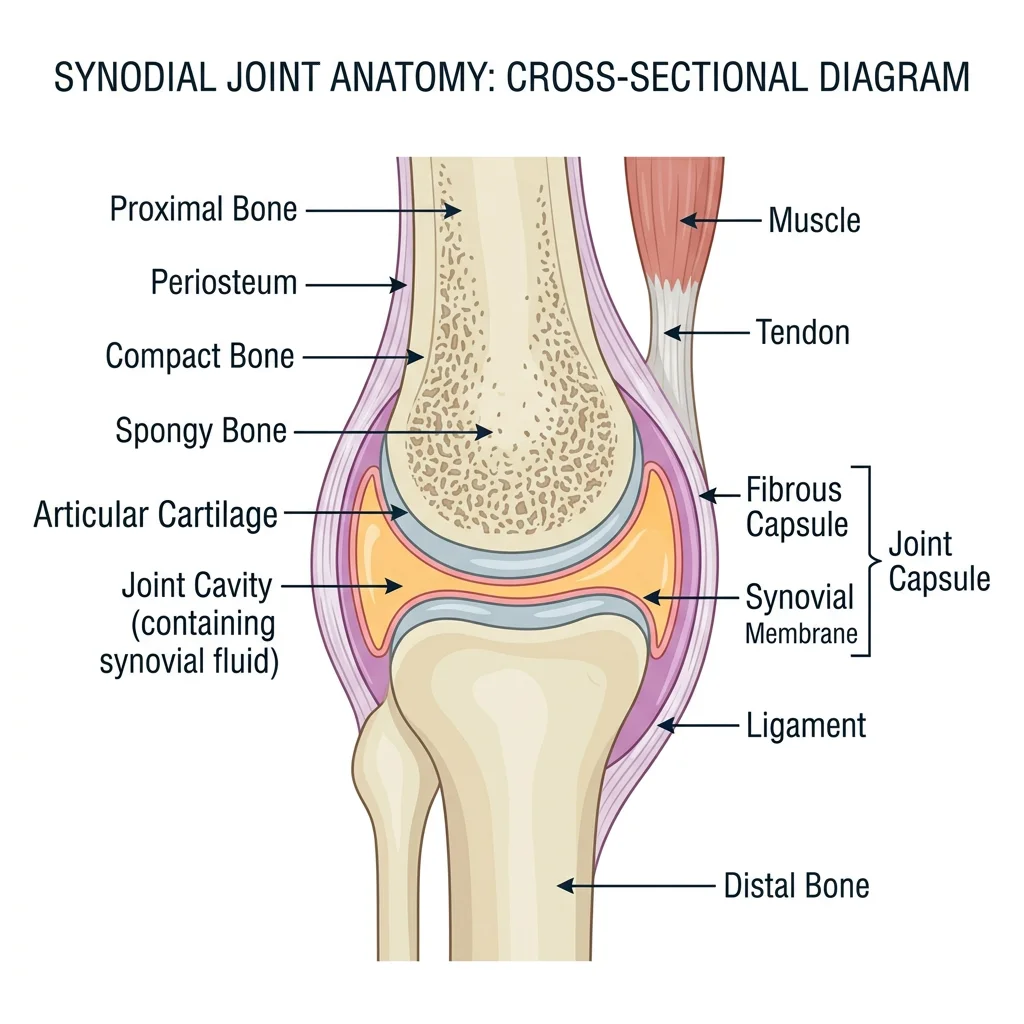 Cross-sectional diagram of a synovial joint showing articular cartilage, synovial membrane, joint capsule, and synovial fluid