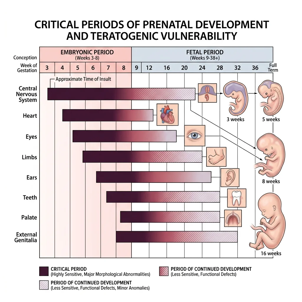 Chart showing critical periods of organ development and teratogenic vulnerability windows across embryonic and fetal stages