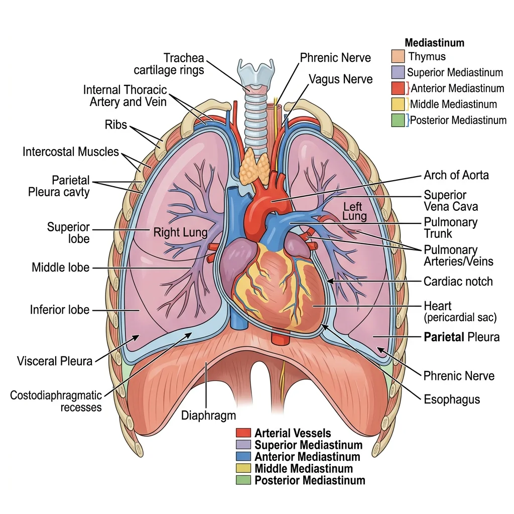 Anterior view of the thoracic cavity showing lungs, pleural cavities, mediastinum compartments, and major structures including the heart, trachea, and esophagus