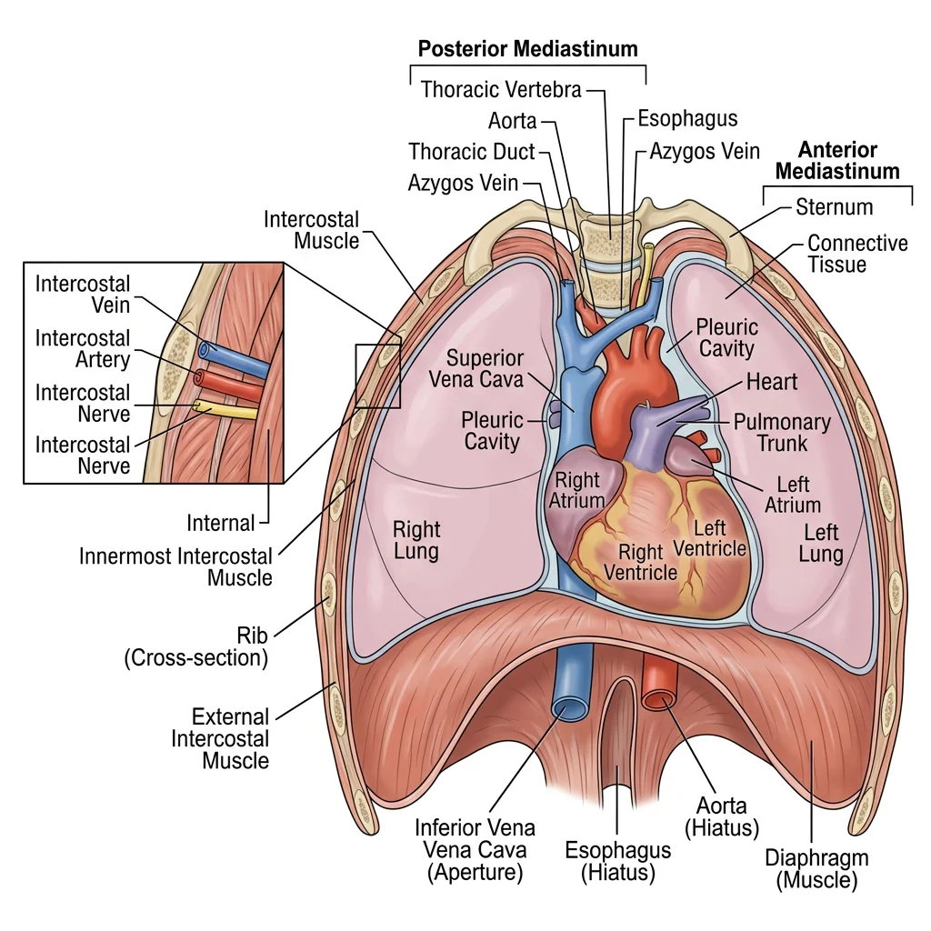 Cross-sectional view of the thorax showing the rib cage, intercostal neurovascular bundles, mediastinal compartments, and diaphragm openings