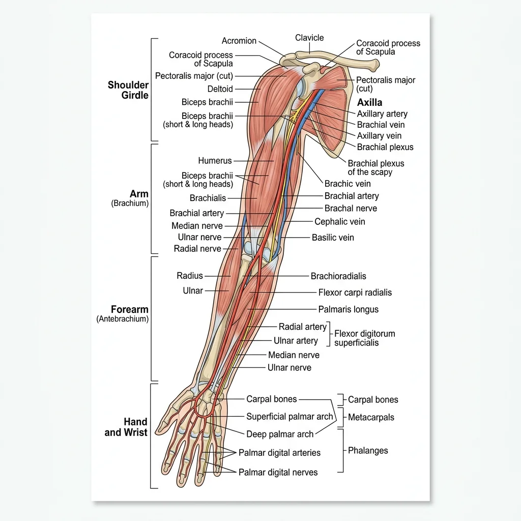 Anterior view of the upper limb showing the shoulder girdle, arm compartments, and neurovascular bundles from axilla to hand