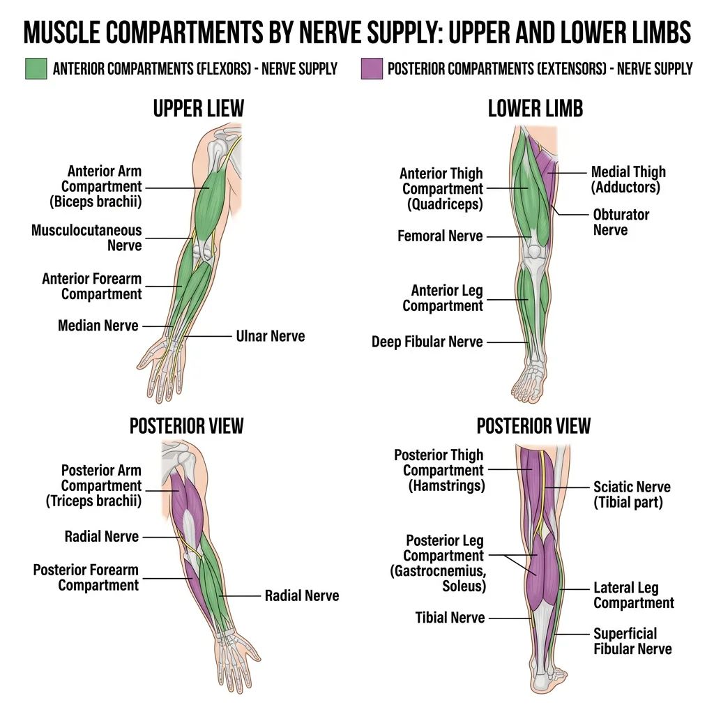 Anterior and posterior views of the upper and lower limb showing muscle compartments colour-coded by nerve supply — anterior compartments (flexors) and posterior compartments (extensors)
