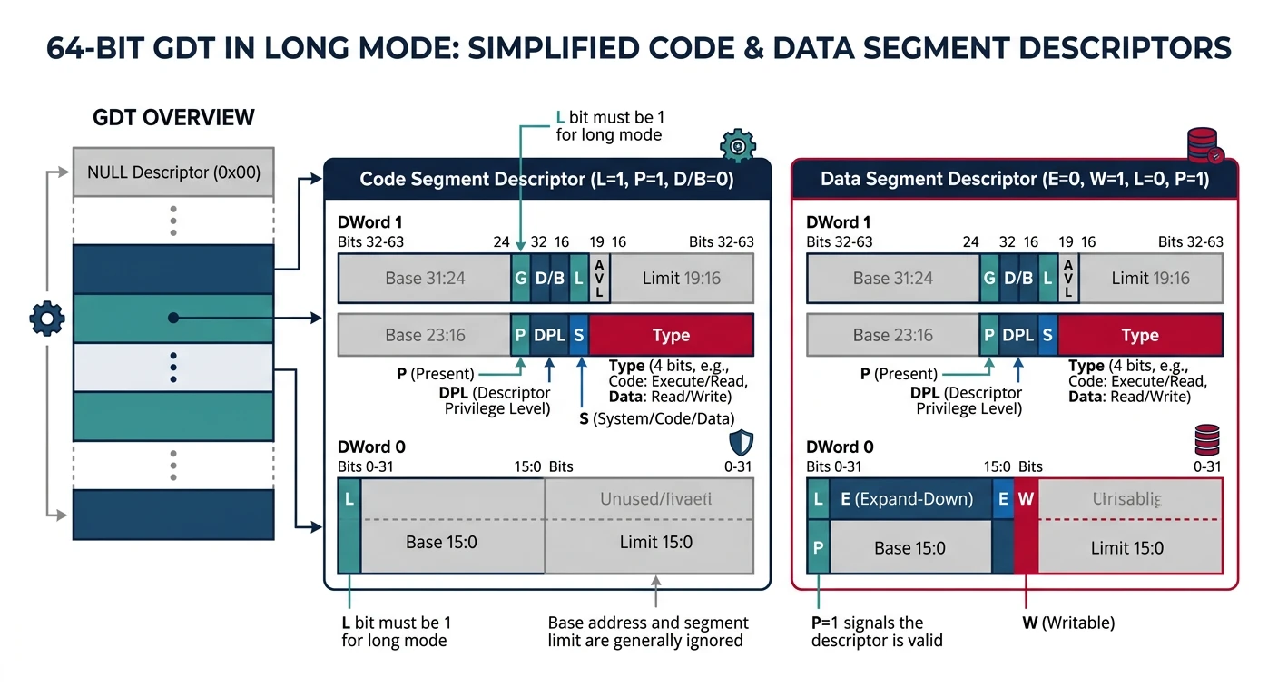 64-bit GDT with simplified code and data segment descriptors for long mode
