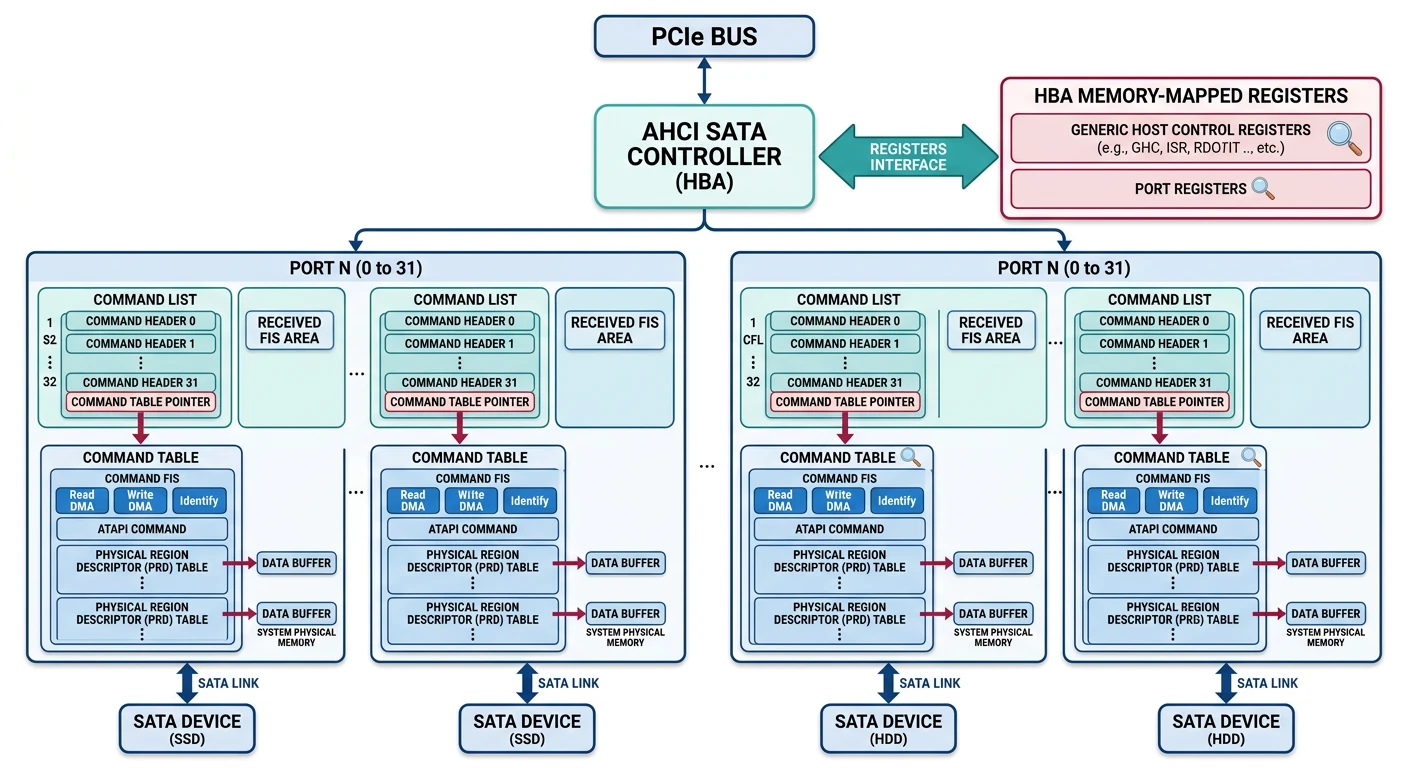 AHCI SATA controller architecture with ports and command lists