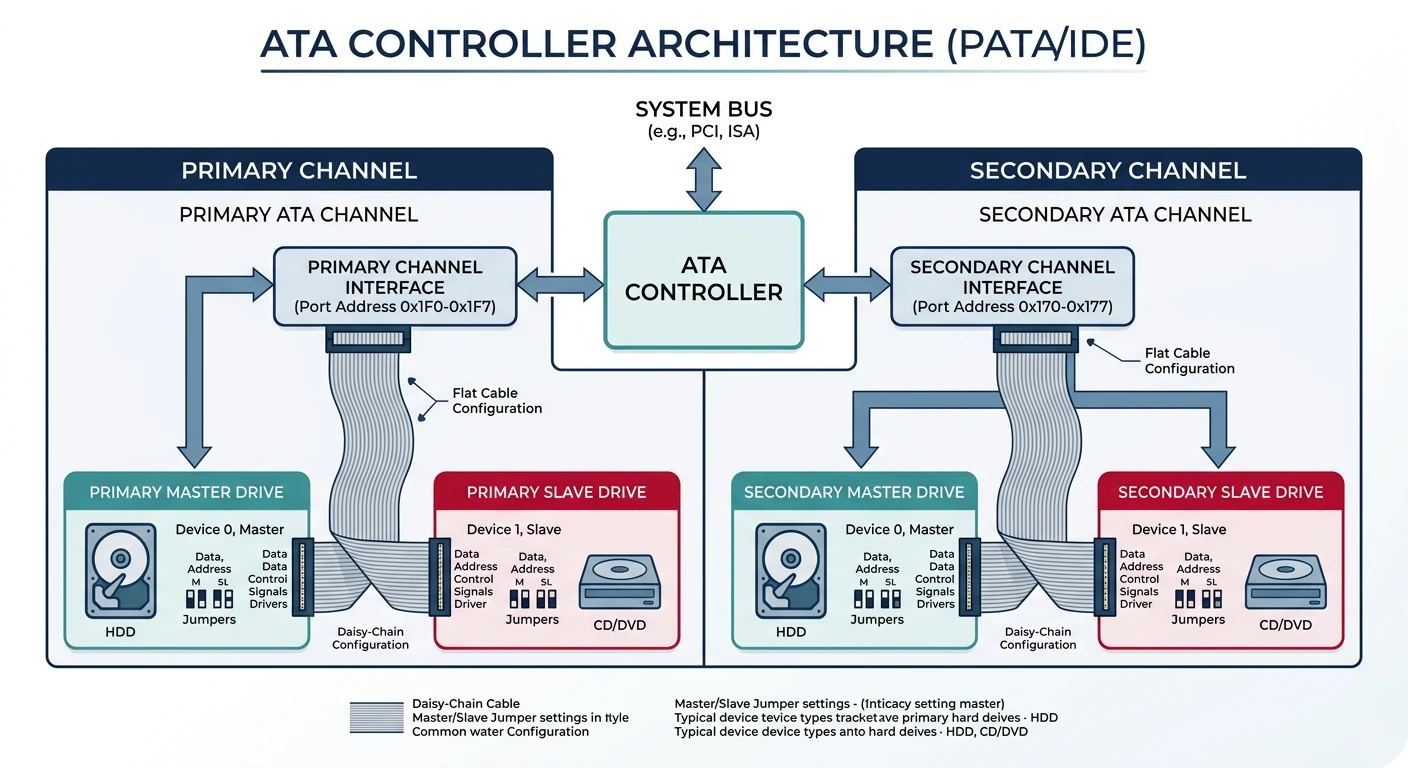 ATA controller architecture with primary and secondary channels each supporting master and slave drives