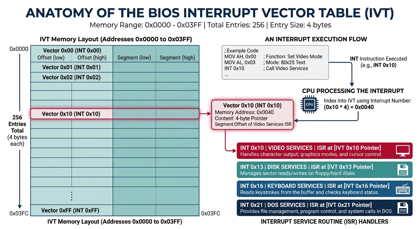 BIOS interrupt vector table and INT service call flow