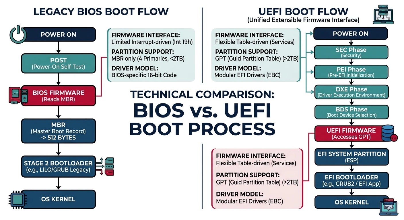 BIOS legacy boot vs UEFI boot flow comparison