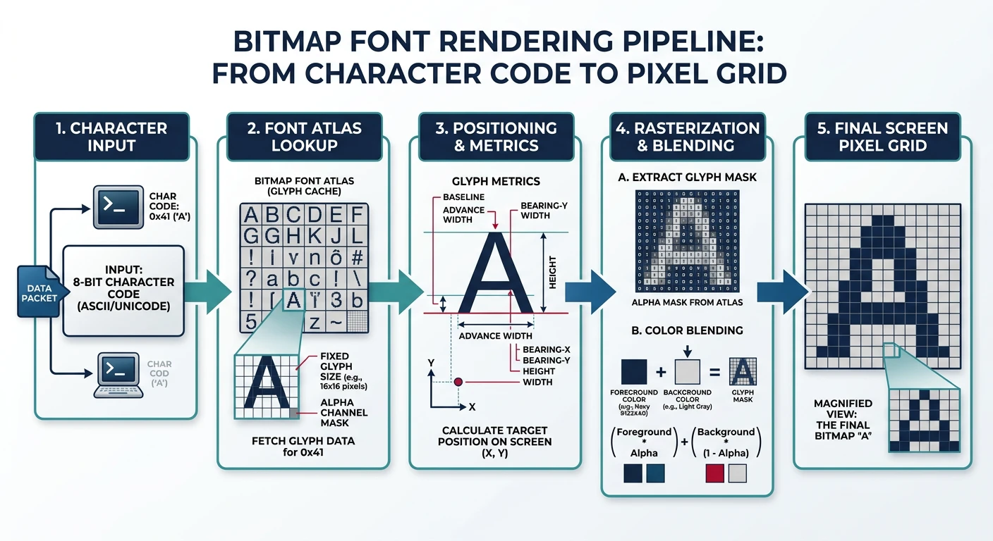 Bitmap font rendering pipeline from character code to pixel grid