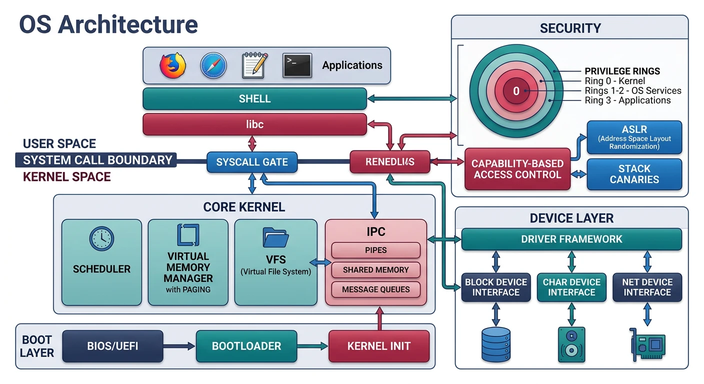 Complete OS architecture overview from bootloader to security layer