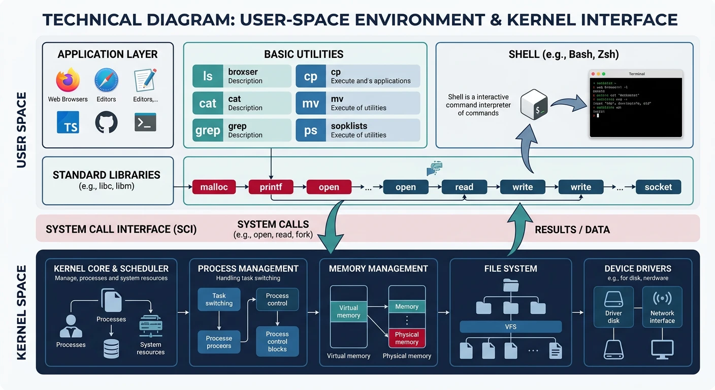Complete user-space environment with shell, libc, and basic utilities running on the kernel