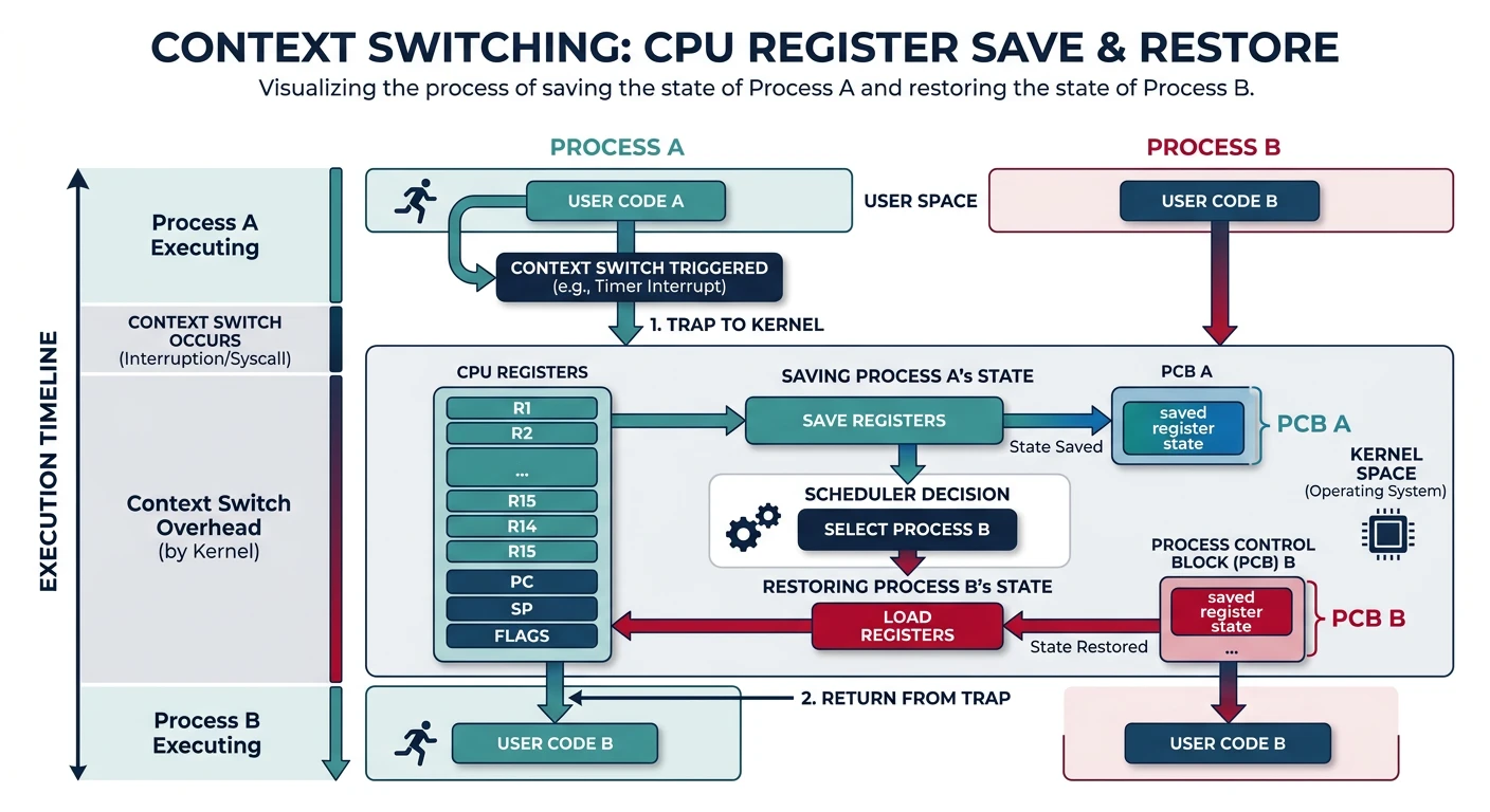 Context switch saving and restoring CPU registers between two processes