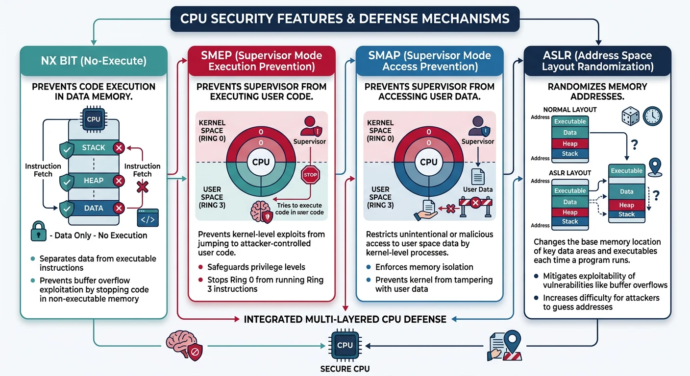 CPU security features including NX bit, SMEP, SMAP, and ASLR