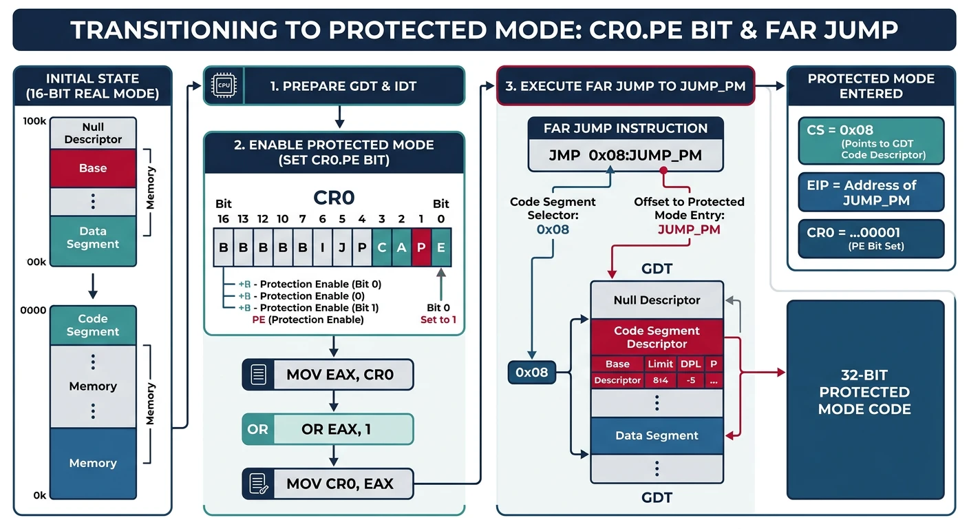 CR0 register PE bit set and far jump to enter protected mode