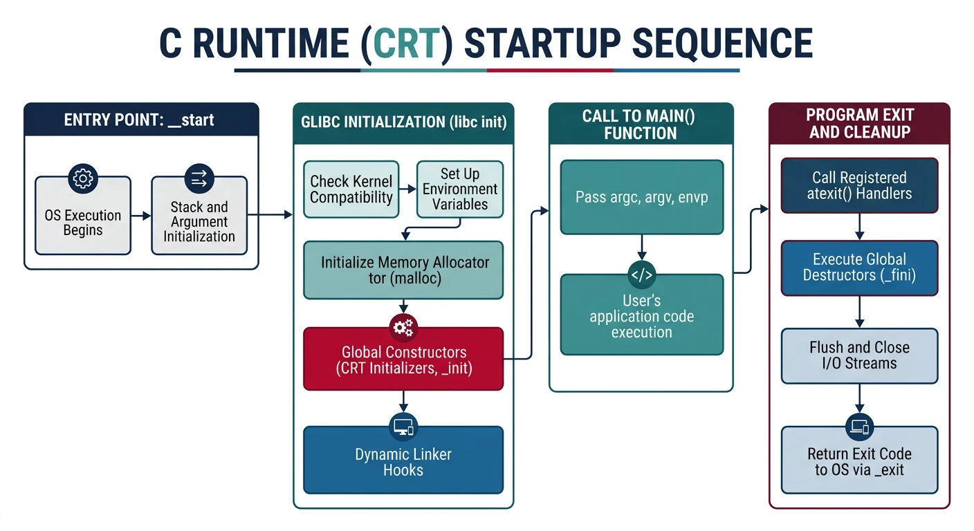 C runtime startup sequence from _start through libc init to main() and exit()