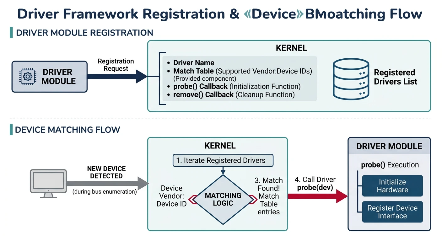 Driver framework registration and device matching flow