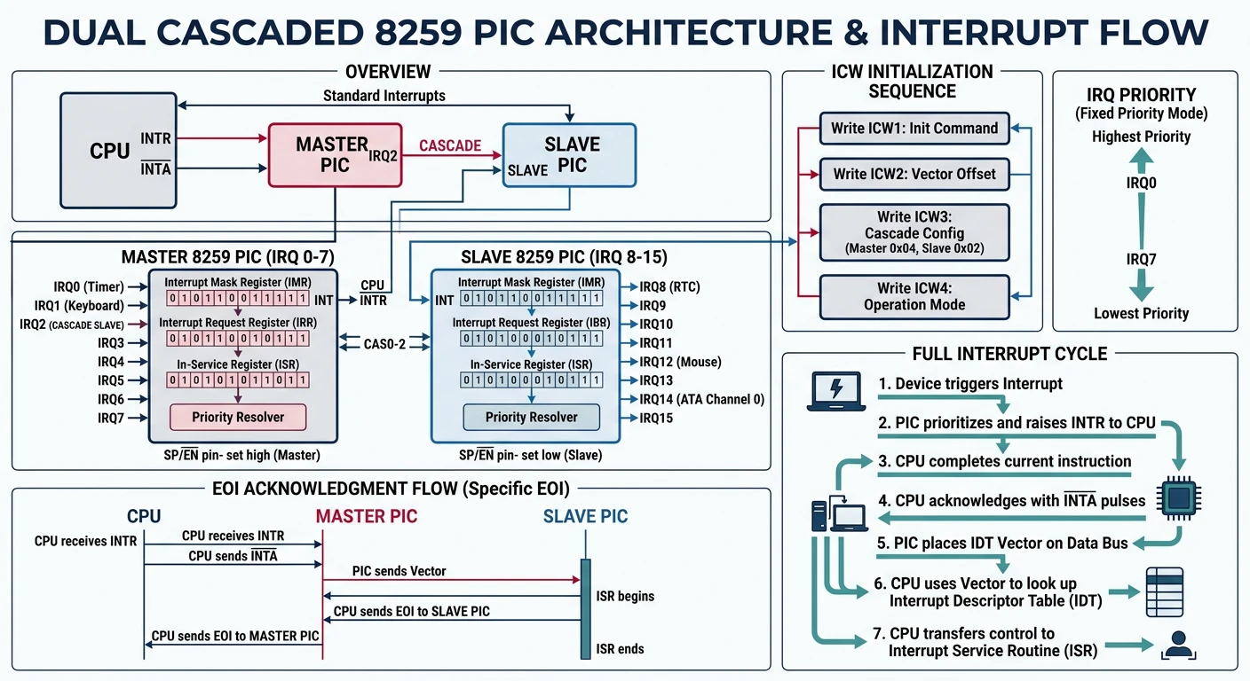 Dual 8259 PIC master-slave IRQ routing to CPU