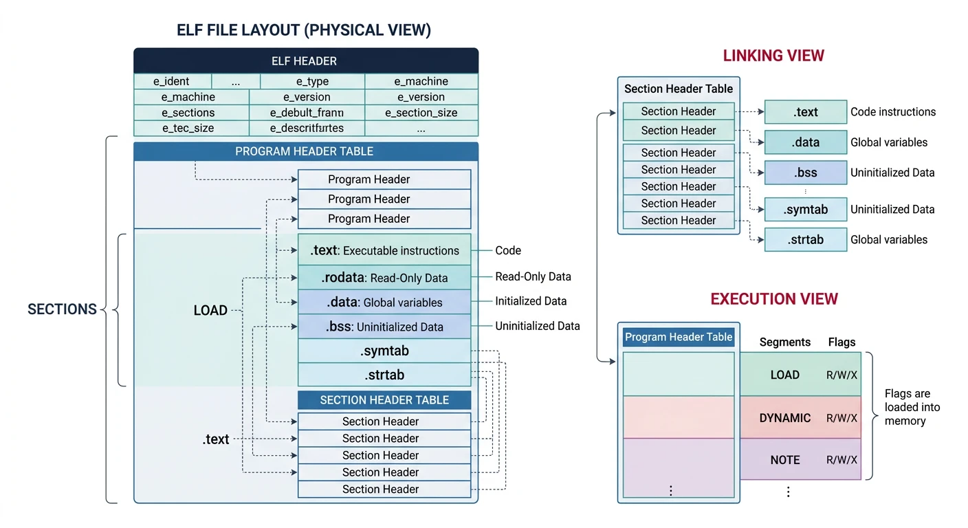 ELF file structure showing header, program headers, code/data sections, and section headers