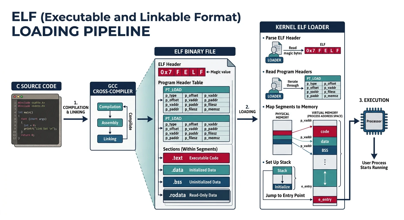 Complete ELF loading pipeline from GCC compilation to kernel execution