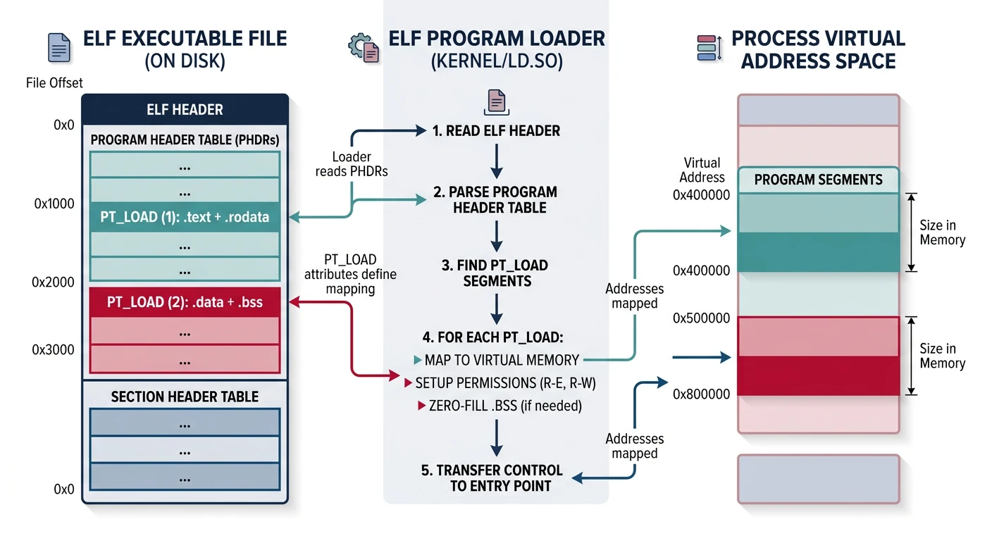 ELF program loader mapping PT_LOAD segments from file into process virtual address space