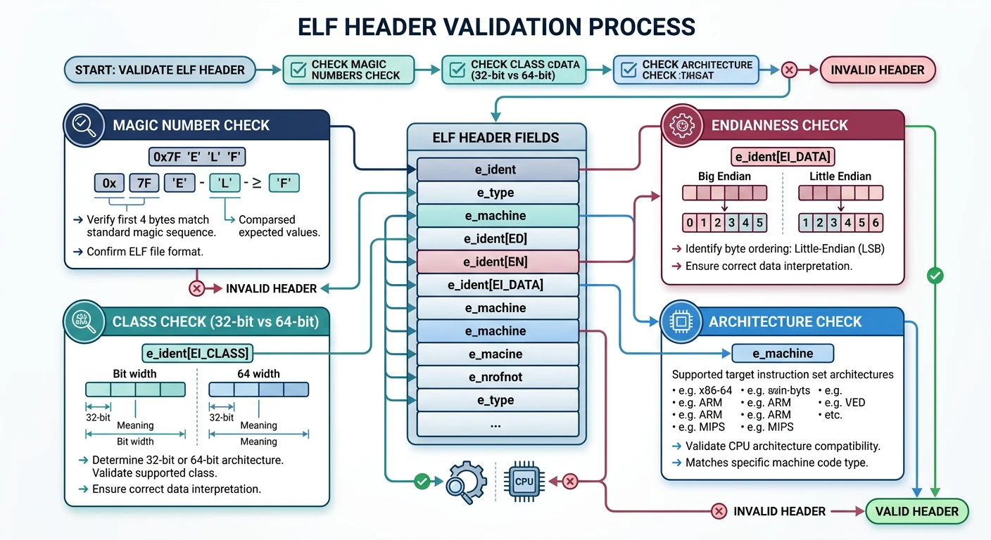 ELF header validation checking magic number, class, endianness, and architecture fields