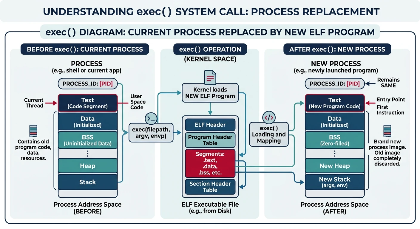exec() system call replacing current process memory image with new ELF program
