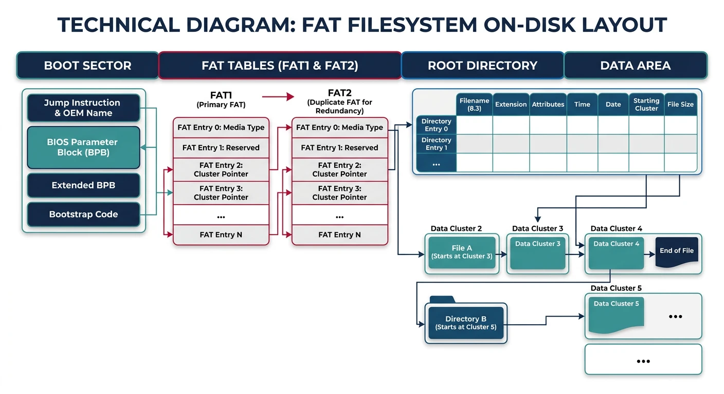 FAT filesystem on-disk layout showing boot sector, FAT tables, root directory, and data area