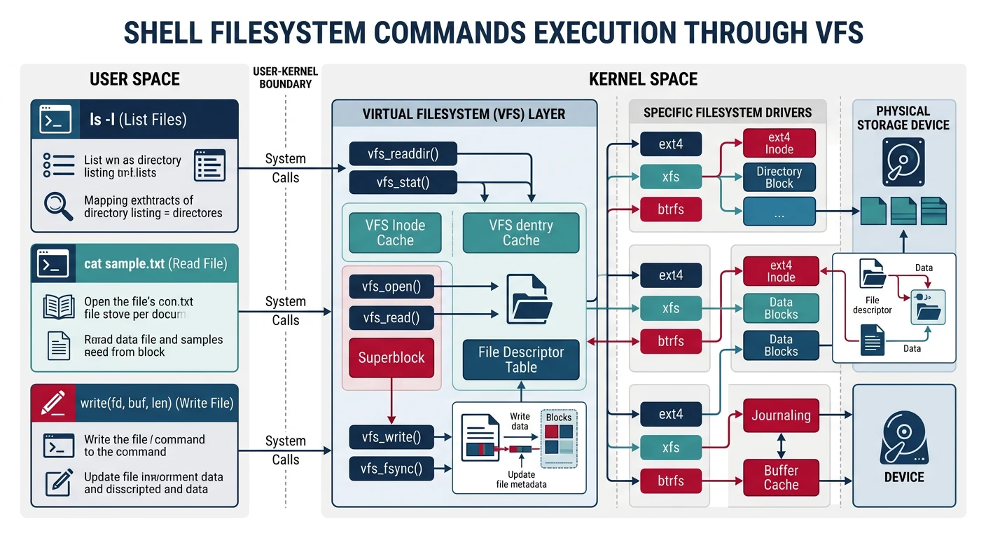 Shell filesystem commands demonstrating ls, cat, and write operations through VFS